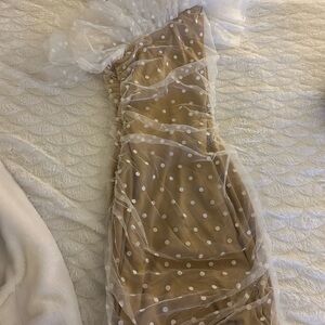 Elegant One Shoulder Polka Dot Dress - Tan